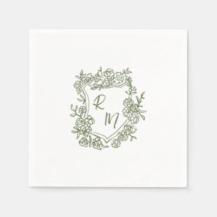 Hand Drawn Funky Floral Crest Monogram Wedding Napkin