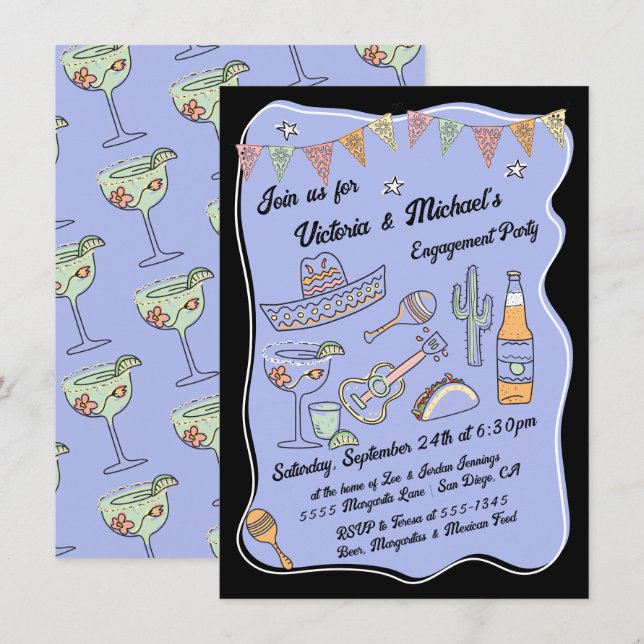 Hand Drawn Funky Mexican Fiesta Party Invitation (Front/Back)