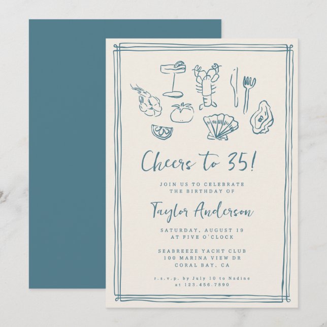 Hand Drawn Funky Nautical Beach 35th Birthday Invitation (Front/Back)