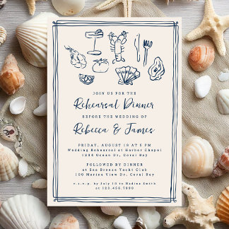 Hand Drawn Funky Nautical Beach Wedding Rehearsal Invitation