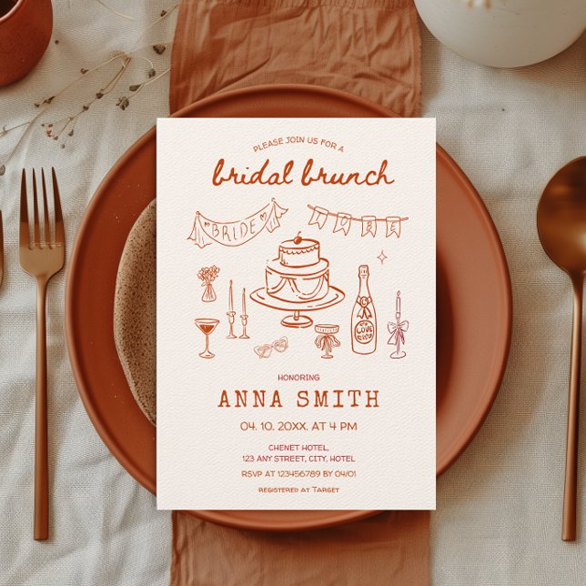 Hand Drawn Funky Quirky Unique Red Bridal Brunch Invitation (Hand Drawn Red Bridal Brunch Quirky Whimsical Hand Illustrated Bridal Shower Invitation Cake Wine)