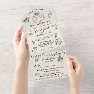 Hand Drawn funky whimsical wedding All In One Invitation