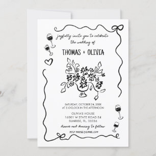 Hand drawn Funky Whimsical Wedding Invitation