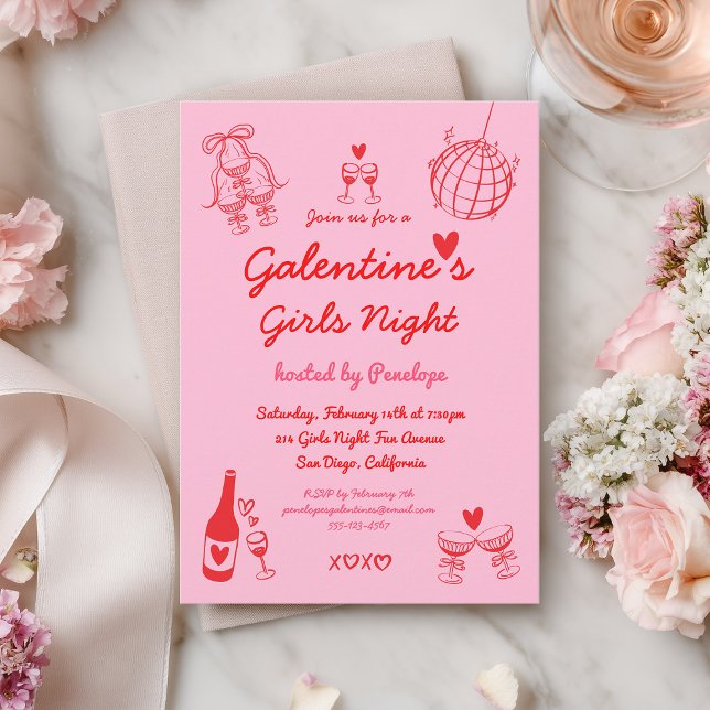 Hand Drawn Galentine's Girls Night Party Invitation (Creator Uploaded)