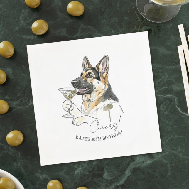 Hand Drawn German Shepherd Dirty Martini Cocktail Napkin (Celebrate with this custom hand drawn german shepherd martini cocktail napkin!)