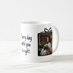Hand Drawn Gift Box Bow Black White Two Photos Coffee Mug