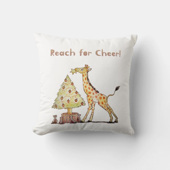 Hand-Drawn Giraffe Christmas Tree Art Cushion (Front)