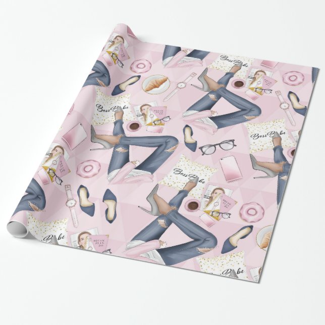 Hand Drawn Girl Boss Wrapping Paper (Unrolled)