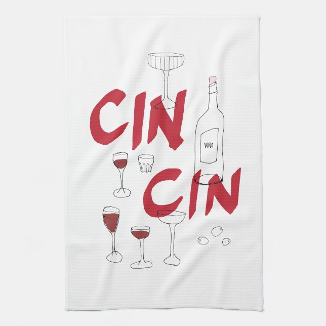 Hand-drawn glasses and bottle cin cin text tea towel (Vertical)