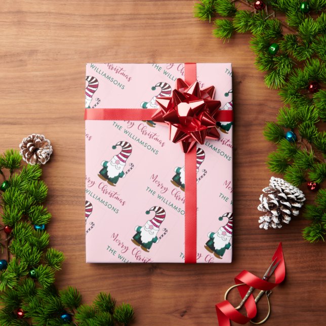 Hand-Drawn Gnome Personalised Scandi Pink Wrapping Paper (Holiday Gift)