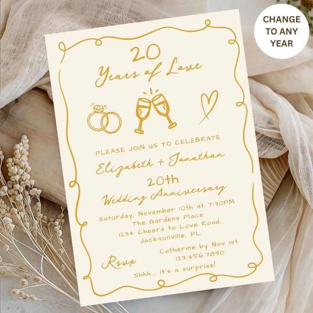 Hand Drawn Gold Any Year Wedding Anniversary Party Invitation (Creator Uploaded)