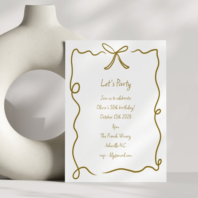 Hand Drawn Gold Bow Ribbon Border Birthday Party Invitation (Creator Uploaded)