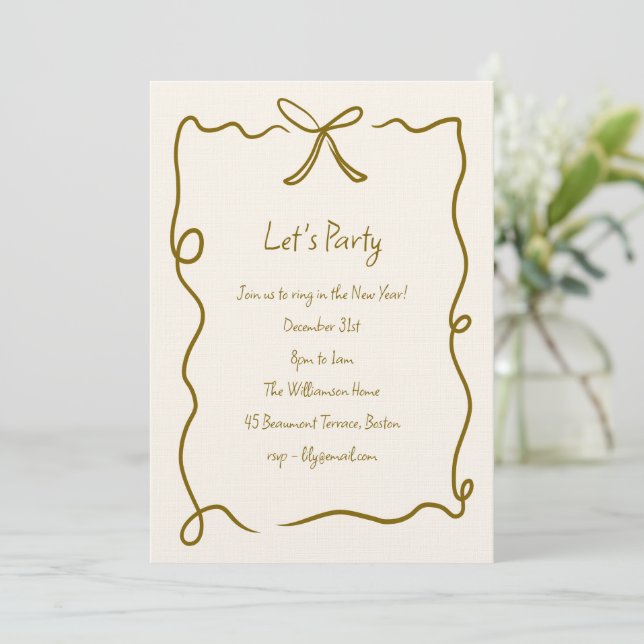 Hand Drawn Gold Bow Ribbon Border New Years Party Invitation (Standing Front)