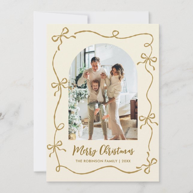 Hand Drawn Gold Bows Arch Photo Merry Christmas Holiday Card (Front)