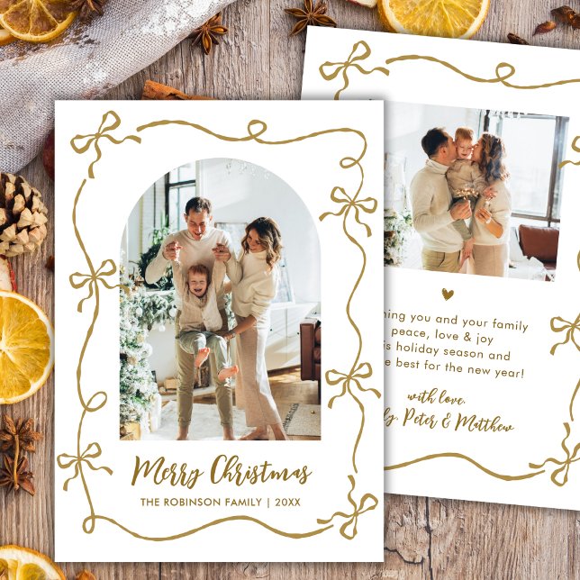 Hand Drawn Gold Bows Arch Photo Merry Christmas Holiday Card (Creator Uploaded)