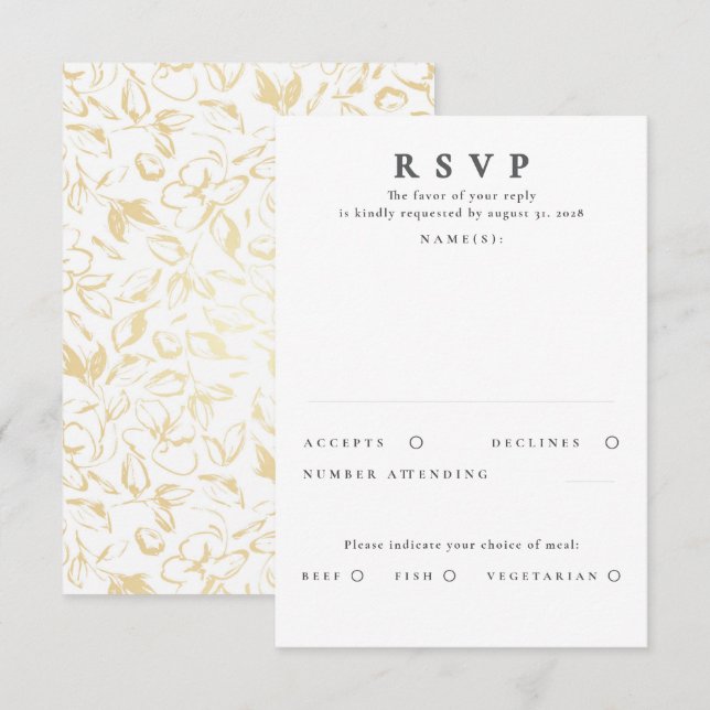 Hand-drawn Gold Floral Pattern Wedding RSVP Card (Front/Back)