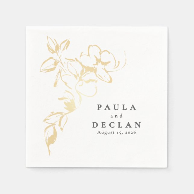 Hand-drawn Gold Flowers Elegant Minimalist Wedding Napkin (Front)