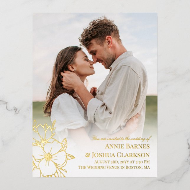 Hand Drawn Gold Foil Lineart Flowers Photo Wedding Foil Invitation Postcard (Front)
