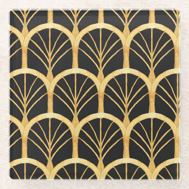 Hand Drawn Gold Imitation Watercolor Glass Coaster (Front)