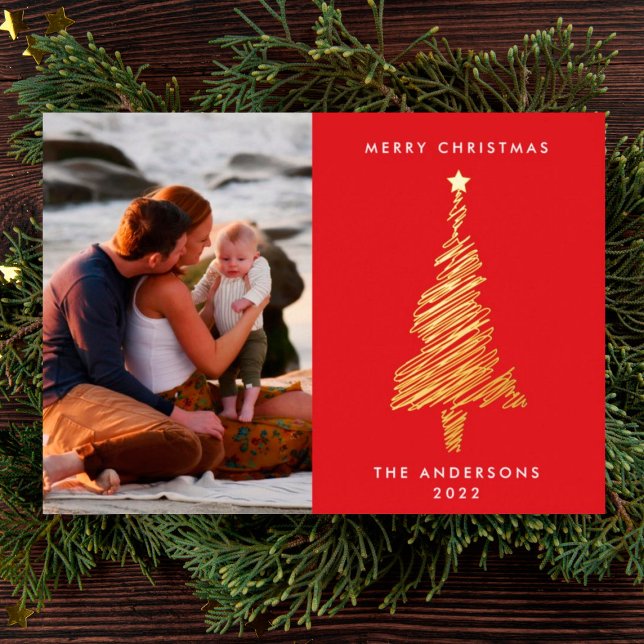 Hand Drawn Gold Line Red Christmas Tree | Photo Foil Holiday Card (Creator Uploaded)