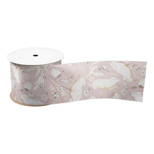 Hand-drawn Gold Wildflowers Elegant Dusty Pink Satin Ribbon (Spool)
