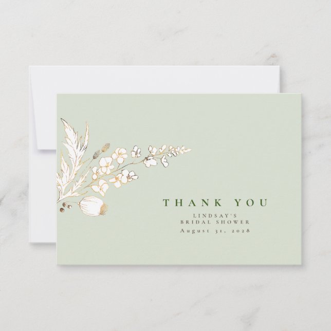 Hand-drawn Gold Wildflowers Elegant Thank You Card (Front)