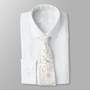 Hand-drawn Gold Wildflowers Elegant White Wedding Tie