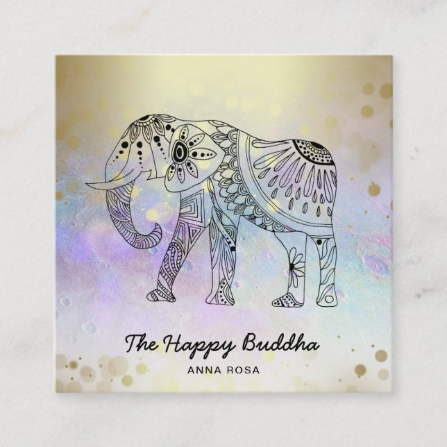 *~* Hand Drawn Gold Yoga Elephant Pattern Buddha Square Business Card (Front)