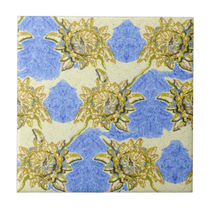 Hand Drawn Golden Flowers with blue background Tile