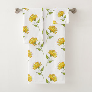 Hand Drawn Golden Yellow Daisy Pattern  Bath Towel Set