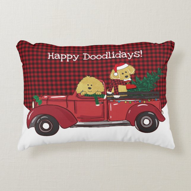 Hand Drawn Goldendoodles Red Christmas Truck Decorative Cushion (Front)