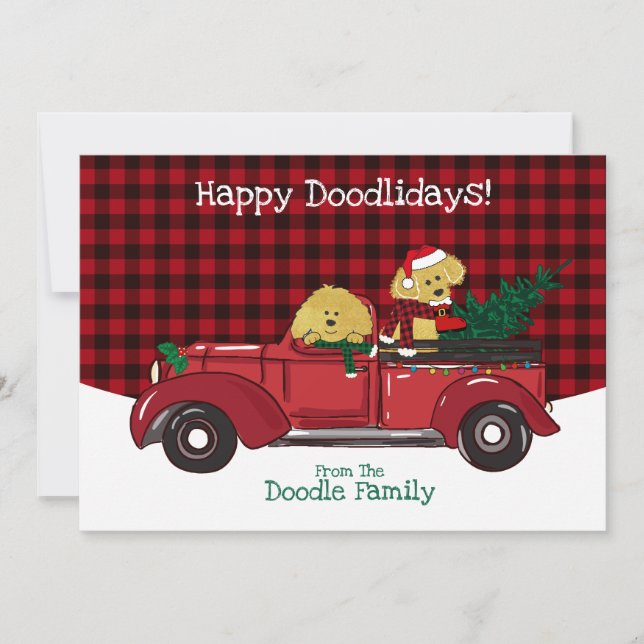 Hand Drawn Goldendoodles Red Christmas Truck Holiday Card (Front)