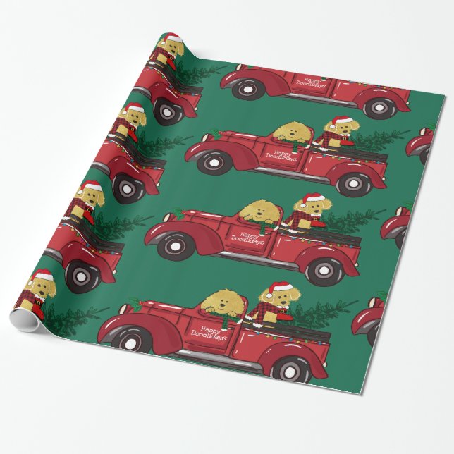 Hand Drawn Goldendoodles Red Christmas Truck Wrapping Paper (Unrolled)