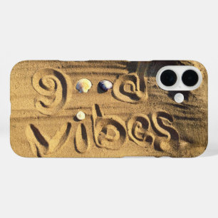 Hand Drawn Good Vibes Quote In Beach Sand Photo iPhone 16 Plus Case