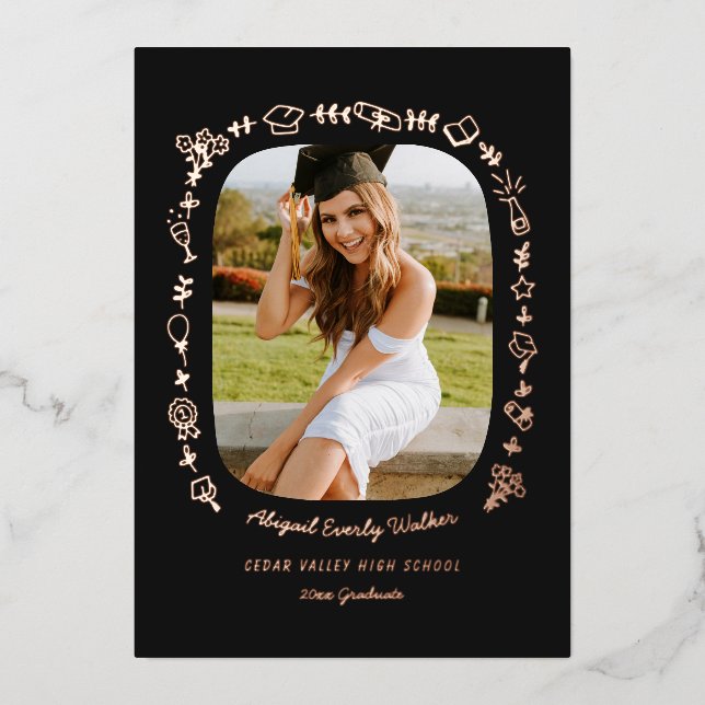 Hand Drawn Grad Announcement Foil Card with Photo  (Front)