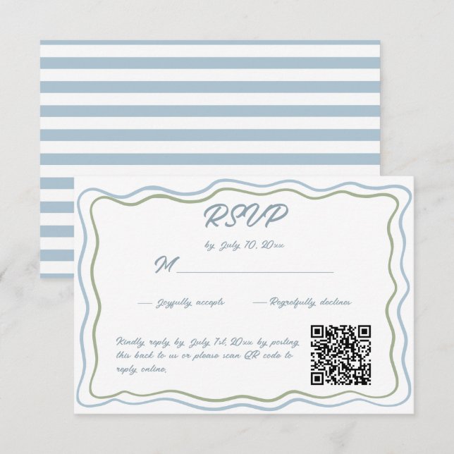 Hand Drawn Green Blue Wavy Wedding Website QR Code RSVP Card (Front/Back)