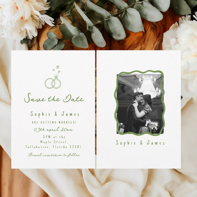 hand drawn green Boho photo Wedding elegant simple Invitation (Creator Uploaded)