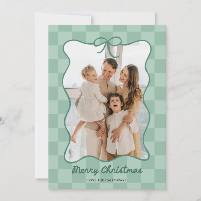 Hand Drawn Green Bow Frame Chequered Photo Holiday Card (Front)