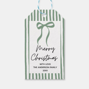 Hand drawn green Bow Merry Christmas Gift Tags