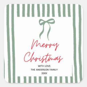Hand drawn green Bow Merry Christmas Square Sticker