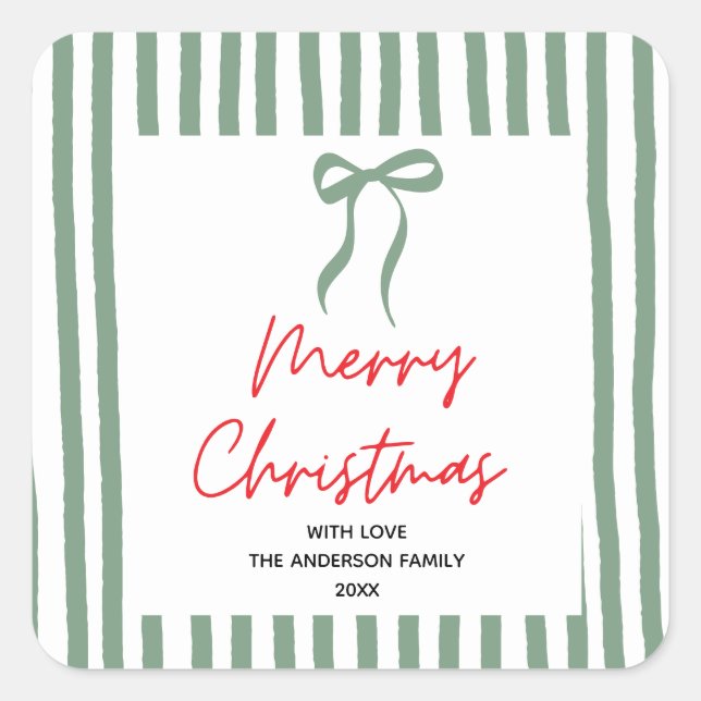 Hand drawn green Bow Merry Christmas Square Sticker (Front)