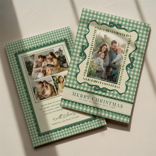 Hand Drawn Green Bow Retro Plaid Christmas Photo Holiday Card