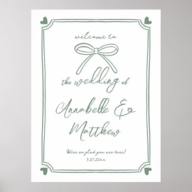 Hand Drawn Green Bow Whimsical Wedding Welcome Poster (Front)