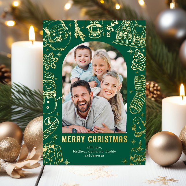 Hand-Drawn Green Christmas Photo Gold Foil Holiday Card (Creator Uploaded)