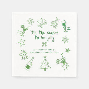 Hand Drawn Green Glitter Doodles Christmas Party Napkin
