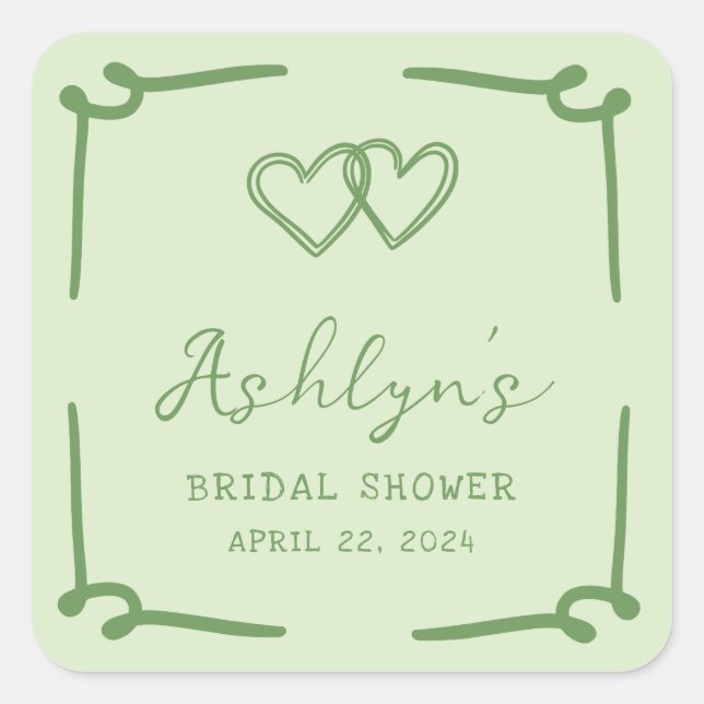 Hand Drawn Green Heart Bridal Shower Stickers (Front)