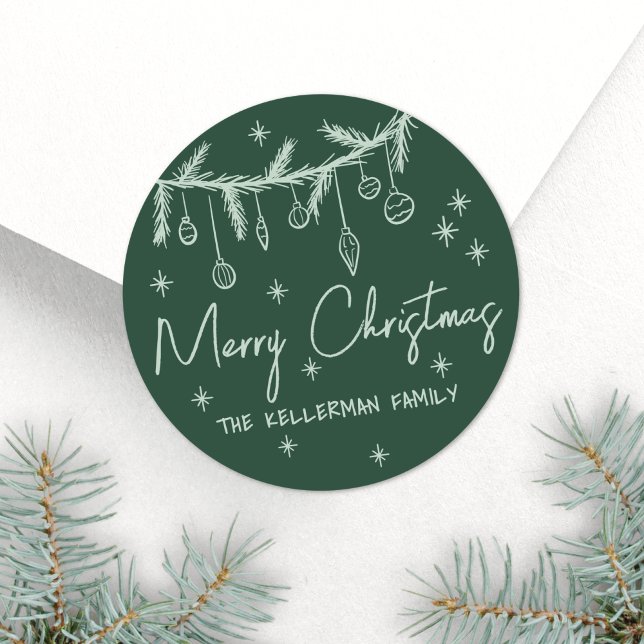 Hand Drawn Green Merry Christmas Classic Round Sticker (Hand Drawn Green Merry Christmas Classic Round Sticker)