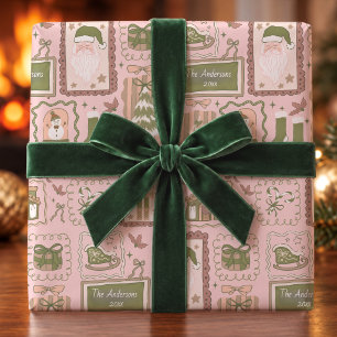 Hand Drawn Green Peach Whimsical Christmas Wrapping Paper