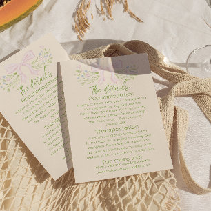 Hand Drawn Green Pink Bow Floral Wedding Details Enclosure Card