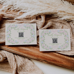 Hand Drawn Green Pink Bow Floral Wedding QR Code RSVP Card